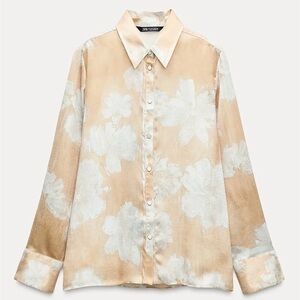 Zara Women’s Satin Beige and White Floral Button-Down Shirt